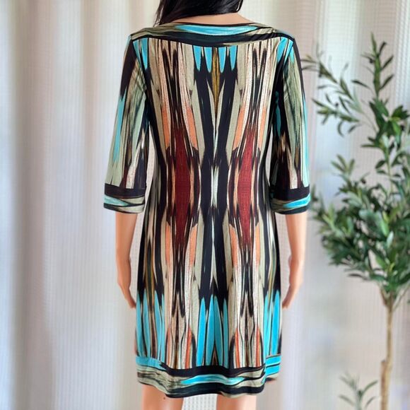 Donna Morgan Retro Print Multicolor Shift Dress Stretch Knit Mod 3/4 Sleeve Sz 4 - Picture 4 of 8